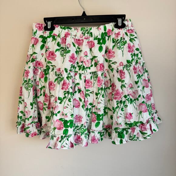 Hill House Paz Mini Skirt White Pink Sz XL Floral Ruffle Linen - Picture 5 of 5